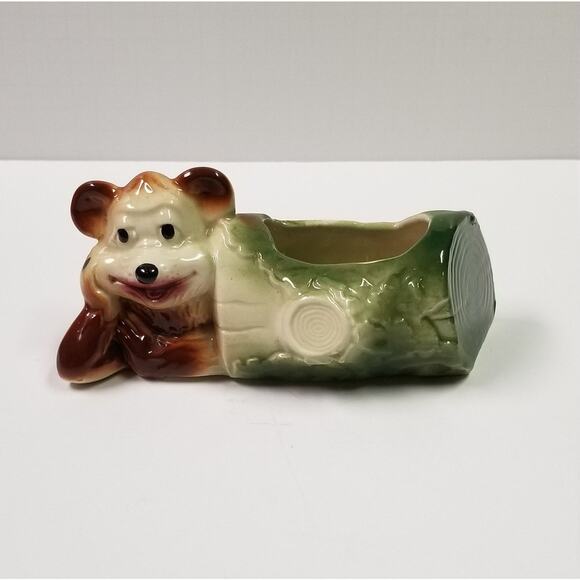 Vintage Bear in Log Succulent Planter, Ceramic Pottery, USA American Bisque - Picture 5 of 6